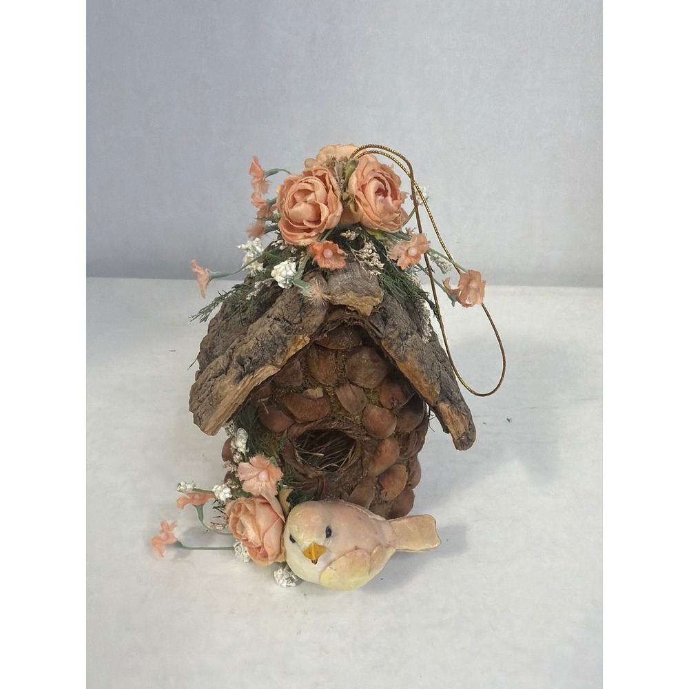 Rustic Bark and Nut Shell Birdhouse Ornament Peach Floral Accents - Picture 1 of 10